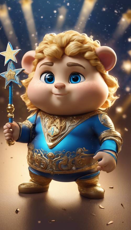 An adorable chubby cartoon character of Leo horoscope sign, with golden hair, blue eyes, holding a star wand, embodying the characteristics of a leader.