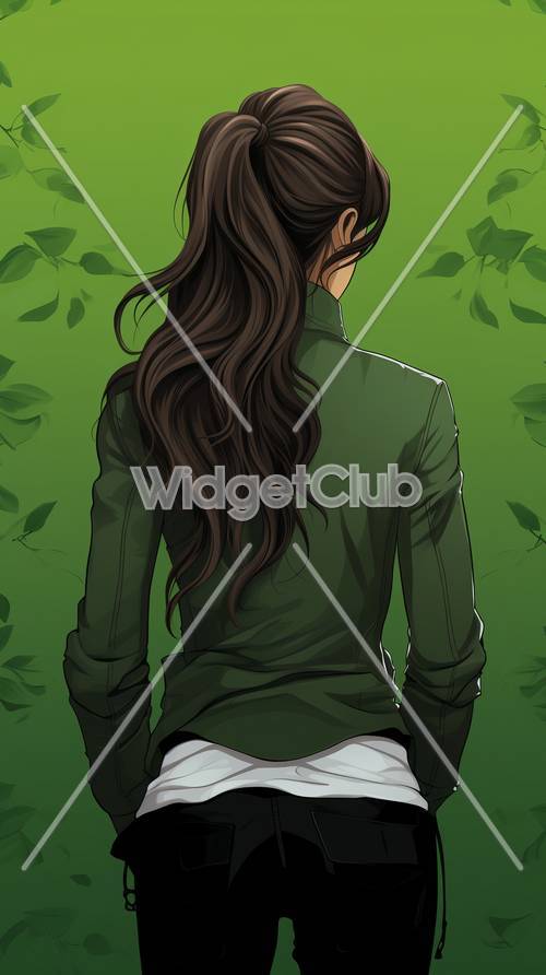 Chica con una chaqueta verde con fondo frondoso