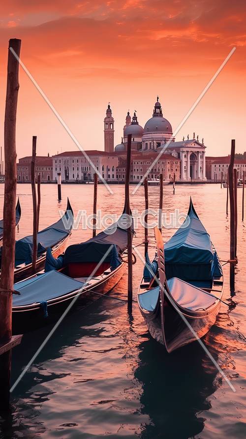 Wenecki zachód słońca z gondolami