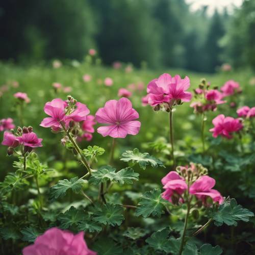 Wild geraniums in a meadow with a dense green forest in the backdrop. Tapet [f1ae8d74a16640f8bb95]
