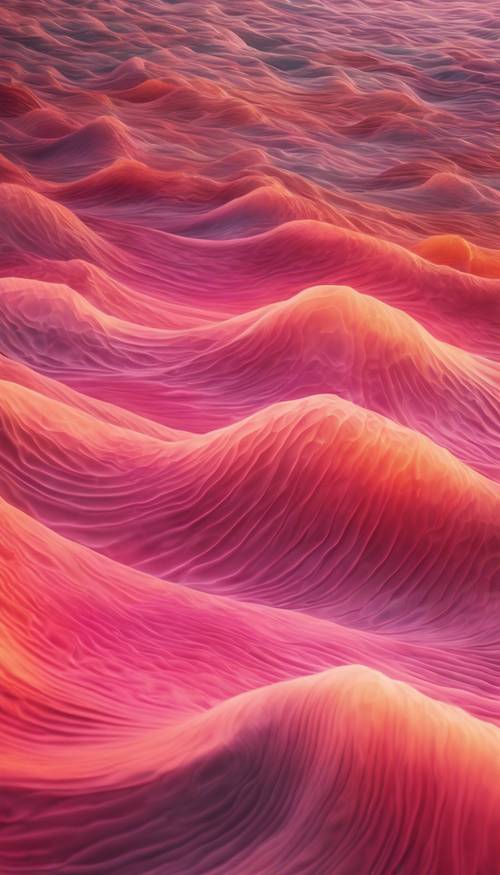 Karya seni abstrak yang menampilkan gelombang bergelombang warna merah muda dan oranye yang bercampur menunjukkan aura yang kuat.
