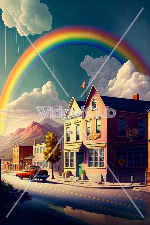 Arco-íris sobre a colorida rua da cidade