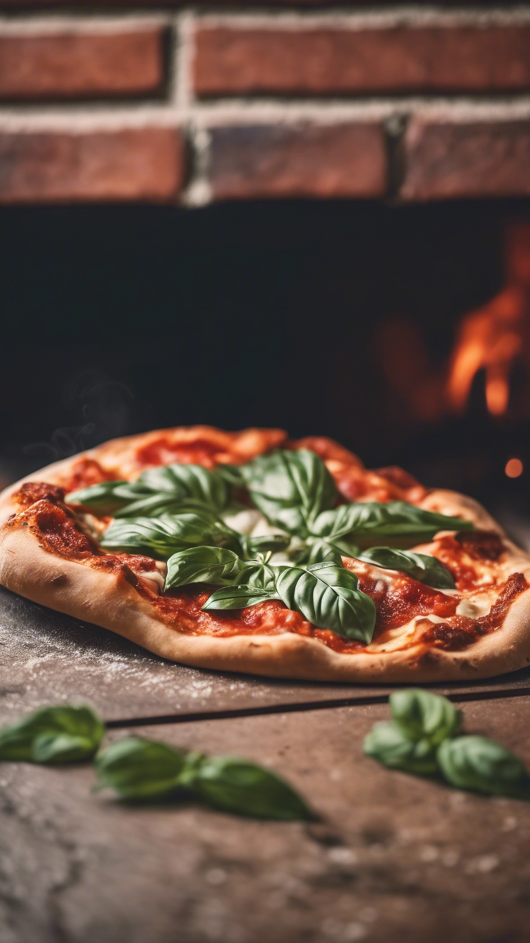 A classic Neapolitan pizza with whole basil leaves being baked in an antique brick oven. Wallpaper[7bb37e653cbf4aa7b39e]