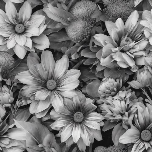 A dramatic botanical art piece featuring high-contrast grayscale and brown floral imagery.