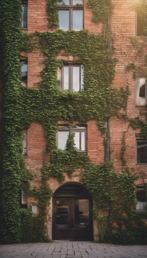 An old brick building covered in ivy at sunrise