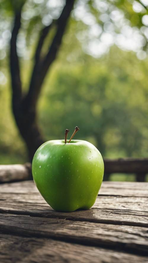 A green apple lying solitary on an old wooden table under the soft shade of a tree.