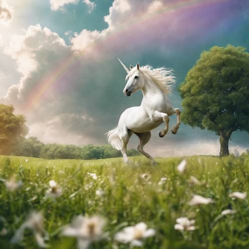 A white unicorn galloping across a sparkling rainbow bridge in the sky above a lush green meadow