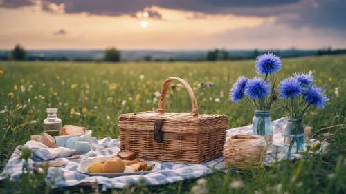 A romantic picnic on a meadow under a beautiful sky filled with cornflower blue clouds.