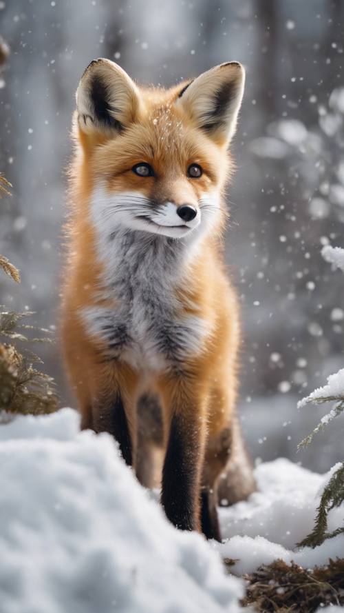 A cute fox cub exploring a snow-covered forest during daytime.