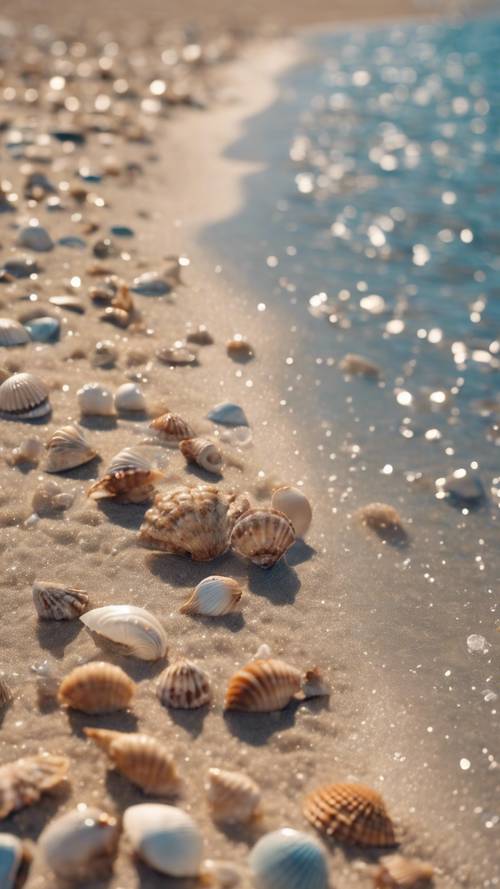 Glassy blue ocean meeting a beach of light brown sand, seashells scattered around.