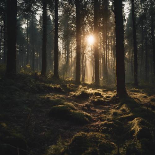 Темный густой лес с бликами теплого солнечного света на дальней поляне.