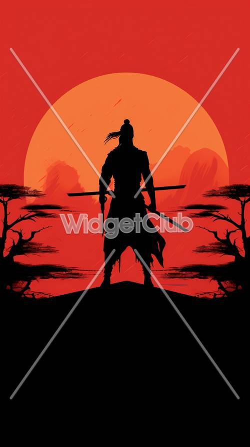 Samurai-Silhouette unter einem roten Mond