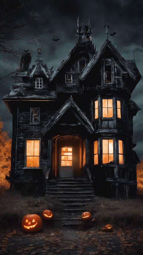 一座看上去阴森可怖的古老鬼屋，漆成黑色，背景是万圣节之夜。