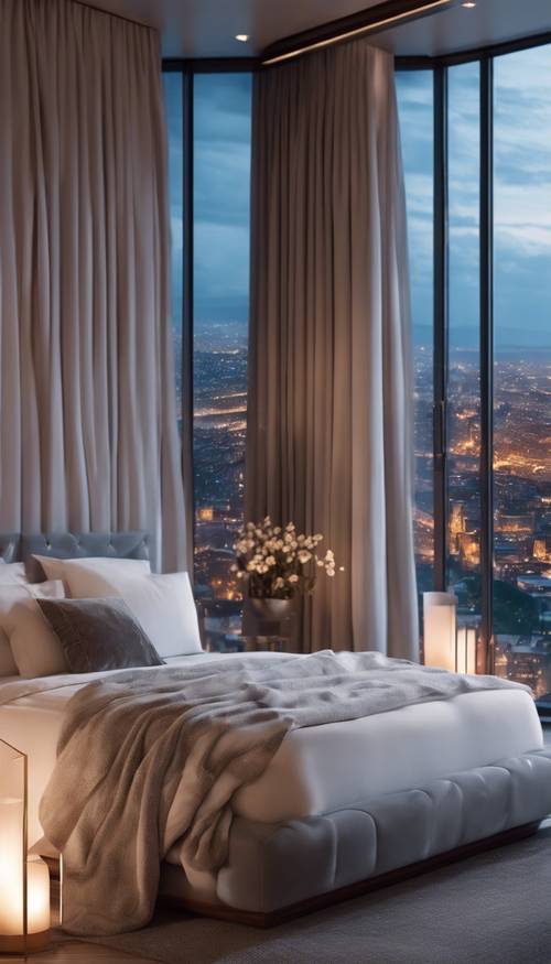 Une chambre luxueuse, avec des baies vitrées offrant un panorama sur un paysage urbain étoilé, le lit recouvert d&#39;un drap de satin blanc et une cheminée confortable qui crépite dans le coin.