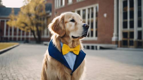 Golden Retriever wearing a preppy blue blazer and a yellow bowtie, standing near a college building.