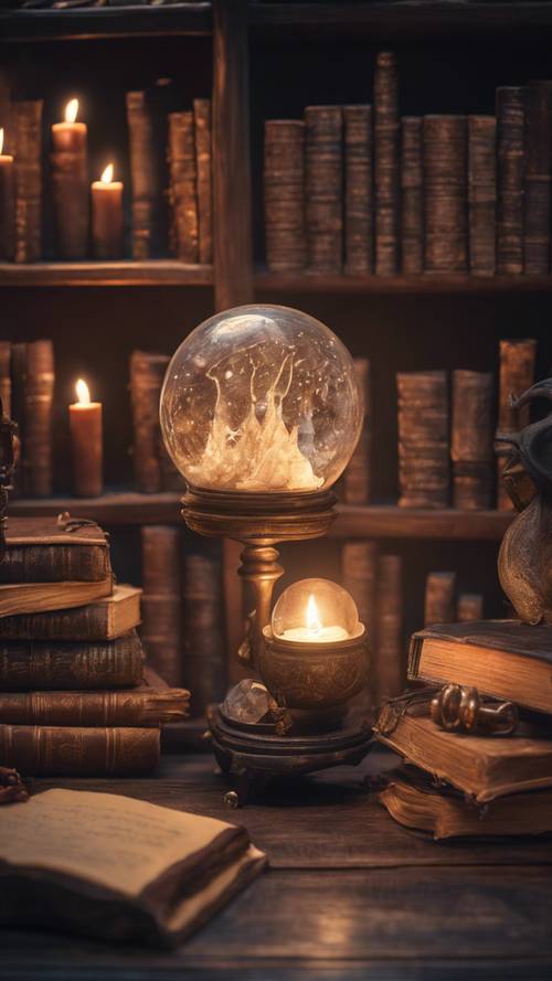 Uma cena mística aconchegante com uma sala de estudo de bruxo - artefatos mágicos, fileiras de livros de feitiços, uma bola de cristal e um caldeirão preparando uma poção.