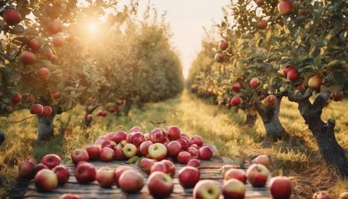 An apple orchard under the soft glow of a setting sun, like a vintage hand-painted postcard.