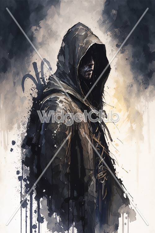 Mysterious Hooded Figure in Artistic Splatter Style
