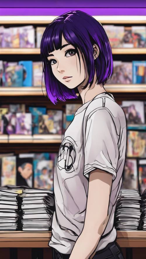 A smiling emo girl with purple streaks in her jet black hair, standing in a comic bookstore.