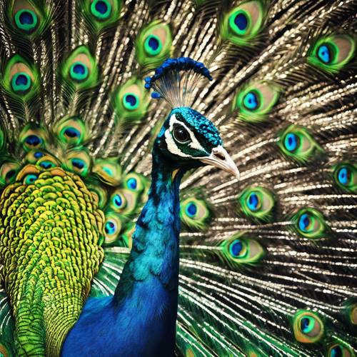 Imagen abstracta de un pavo real principesco mostrando sus plumas verdes iridiscentes.