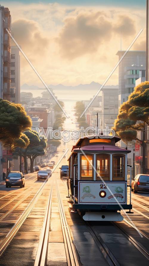 Sunrise Tram Ride Down the City Street