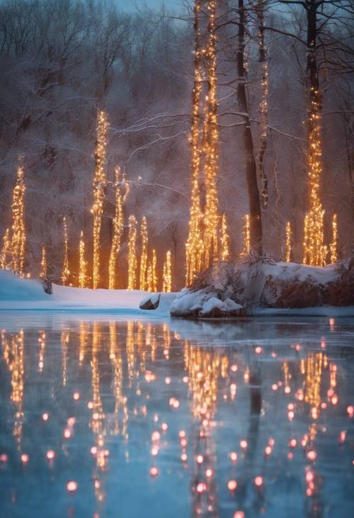 A gorgeous reflections of vibrant Christmas lights on the surface of a frozen lake in a serene winter wonderland.