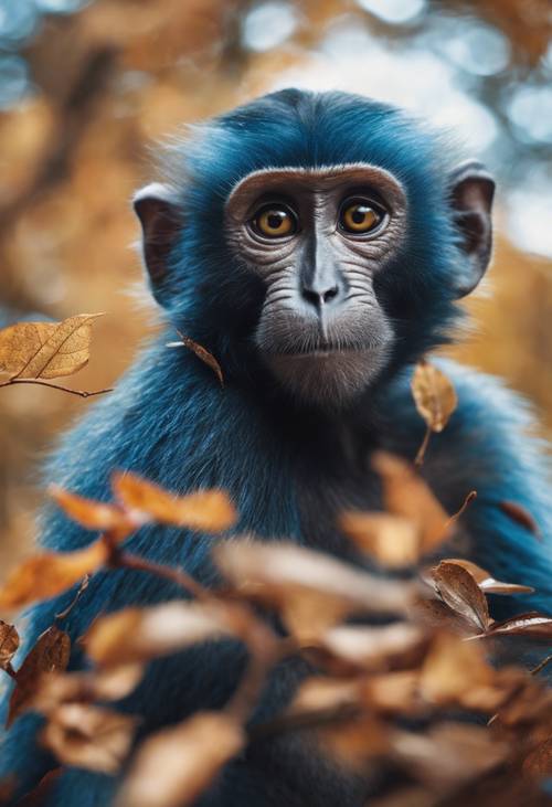 A blue monkey with curious eyes, playing with colorful leaves in autumn.