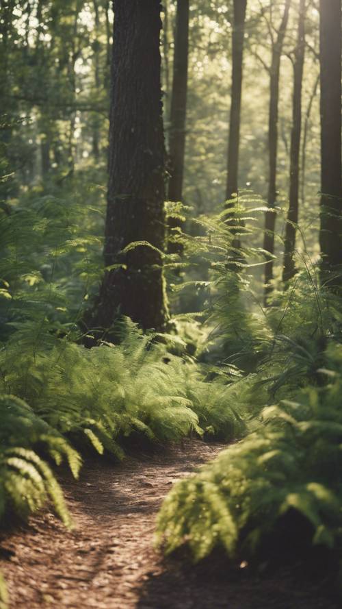 ป่าเขียวขจีที่ส่องแสงระยิบระยับในยามบ่ายที่สว่างไสวด้วยแสงวินเทจ