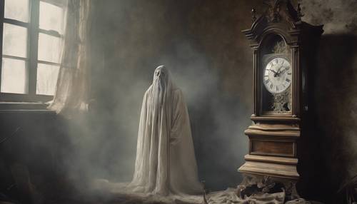 A ghostly apparition hovering over an old, unwound grandfather clock in a dusty room. Tapet [56b6ffb8434047e09cbd]
