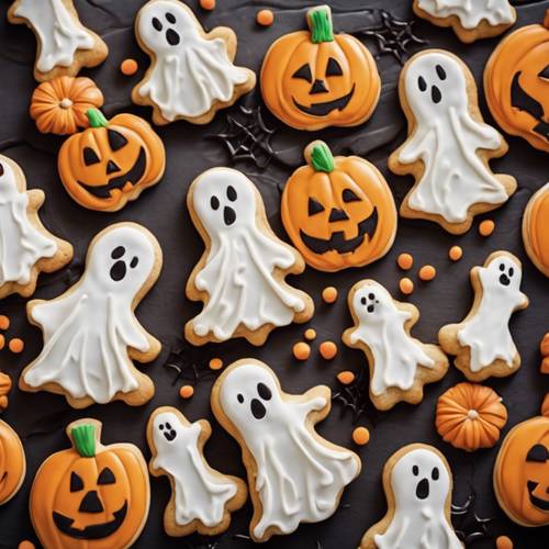 Piekarnia z motywem Halloween, oferująca ciasteczka w kształcie duchów i dynie.