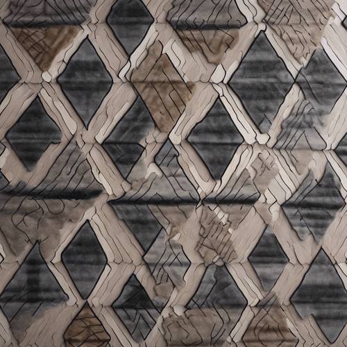 Un tapis moderne à motifs géométriques gris et noirs sur un parquet en bois.