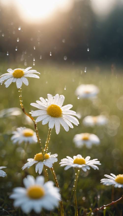 Ein im Morgentau getauchtes weißes Gänseblümchen auf einer abgelegenen, friedlichen Wiese.