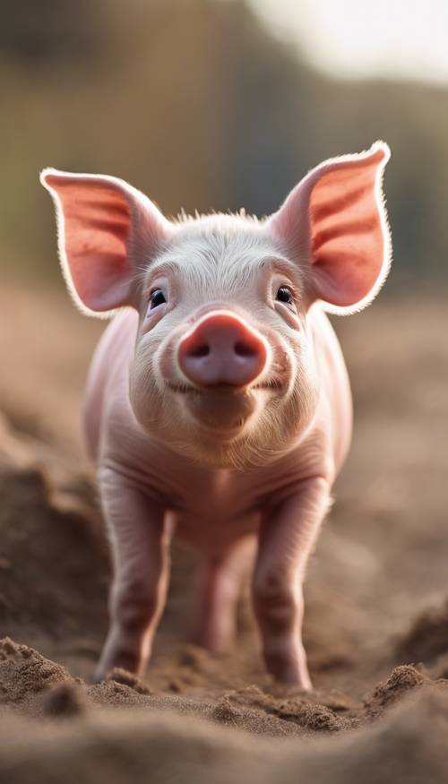 An adorable pink piglet sitting in a neutral, sandy farm environment.
