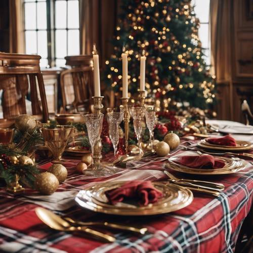 Un comedor preppy de estilo Cavendish preparado para un banquete navideño, la mesa puesta con un mantel escocés y cubiertos dorados.