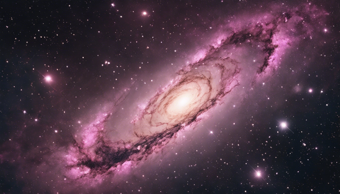 A spiral galaxy seen in a night sky, with pink nebulae and black voids of space. Wallpaper[cd55df963b0f4e9e9265]