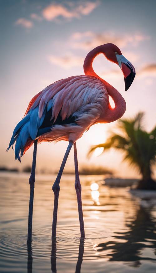A vivid blue flamingo standing in crystal clear tropical water at sunrise.