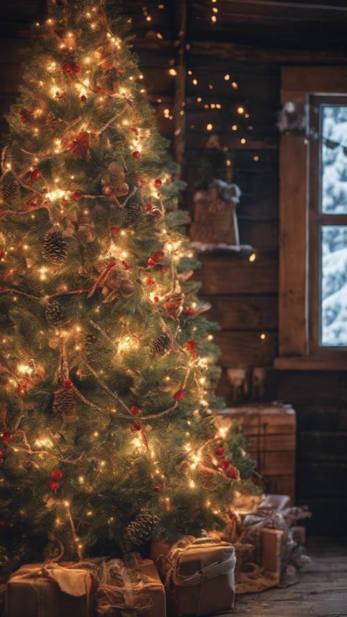 Ein altmodischer Weihnachtsbaum, geschmückt mit Popcornketten und Papierketten in einer rustikalen Hütte.