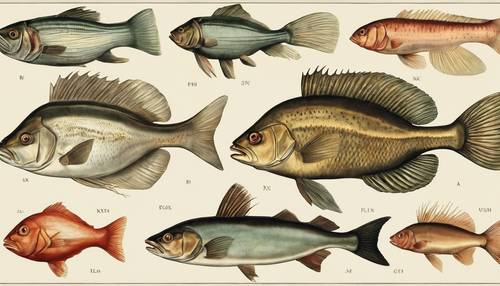 Naukowa ilustracja z epoki wiktoriańskiej przedstawiająca różne rodzaje ryb
