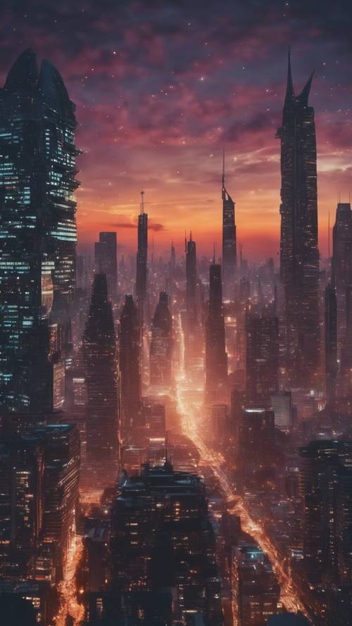 A deep celestial sunset behind a futuristic cityscape filled with tall skyscrapers.