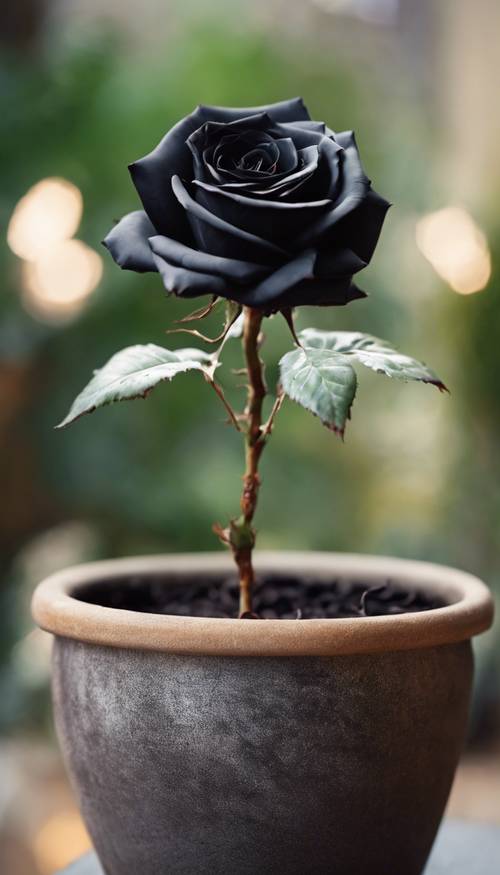 A rare black rose sitting in a beautifully decorated flower pot.