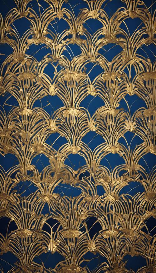 Um padrão de estilo Art Déco com designs ousados ​​e opulentos em azul e dourado