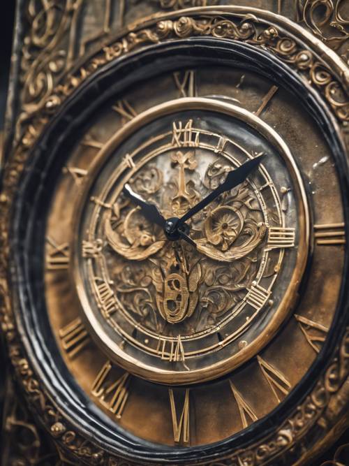 Một chiếc đồng hồ treo tường thế giới cũ với biểu tượng Xử Nữ tinh xảo trang trí trên mặt đồng hồ.