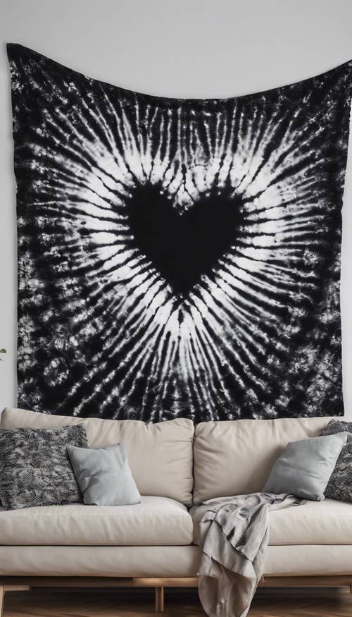 Black tie dye tapestry with a unique heart shape design on a wall.
