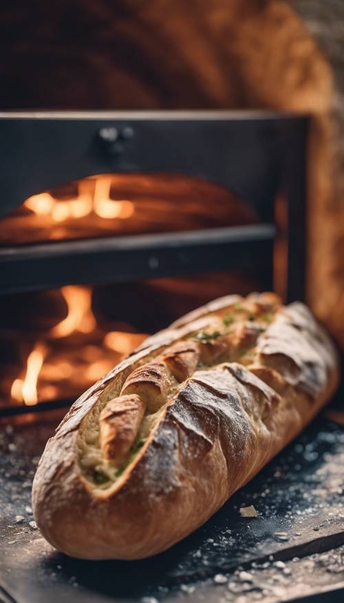 Roti baguette panggang rumahan Prancis modern yang baru dikeluarkan dari oven batu.