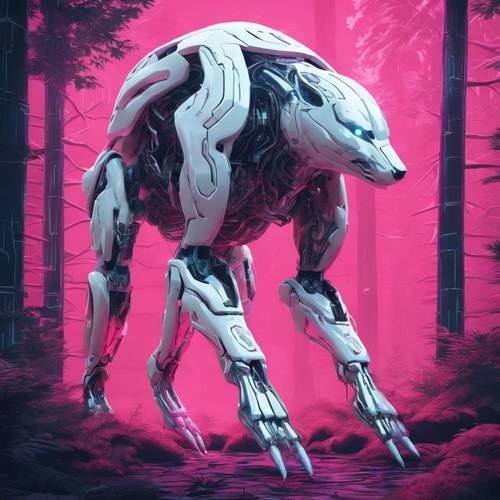 Un animale cibernetico bianco, una miscela di parti organiche e inorganiche, che si aggira in una foresta metallica