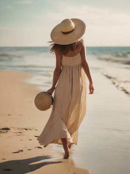 A beautiful woman wearing a whimsical sun-dress, walking barefoot on warm sand at the beach, holding a straw sun hat.