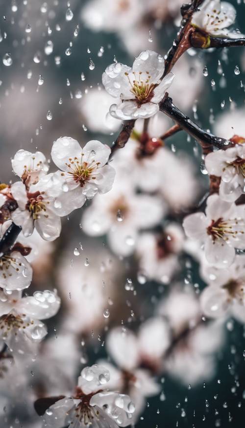 Eine Nahaufnahme von Regentropfen auf weißen Kirschblütenblättern kurz nach einem Frühlingsregen.