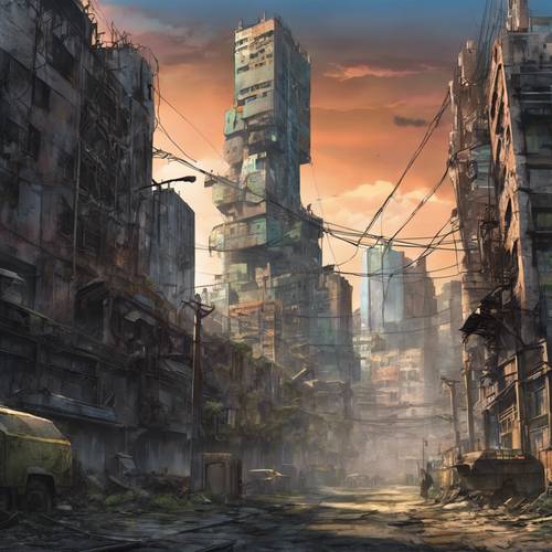 Eine stimmungsvolle Landschaft einer postapokalyptischen Stadt in einer dystopischen Anime-Serie.