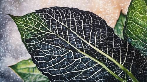Pintura abstracta de acuarela que representa la estructura venosa de una hoja de hortensia negra.