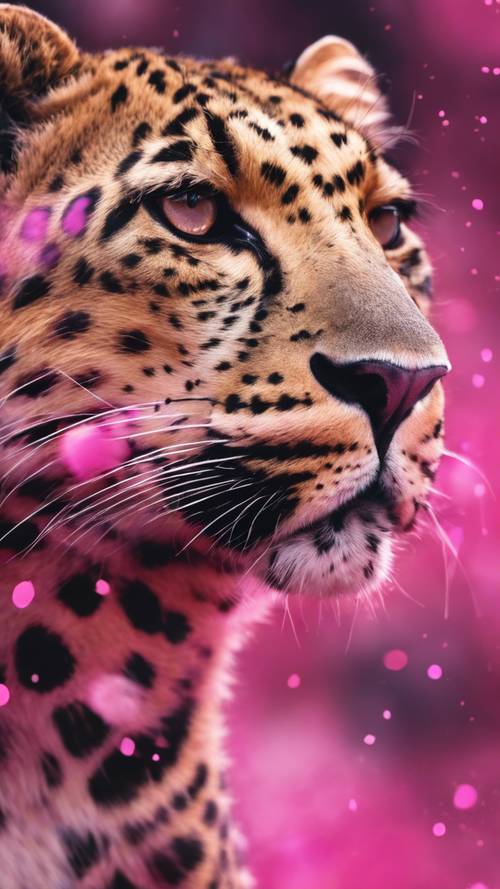 Seni digital macan tutul realistis dengan lapisan bintik merah muda cerah.